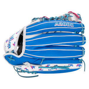 Back view of a blue softball glove featuring white pinstripes, "A2000" branding, and colorful puzzle piece patterns on the white leather trim.