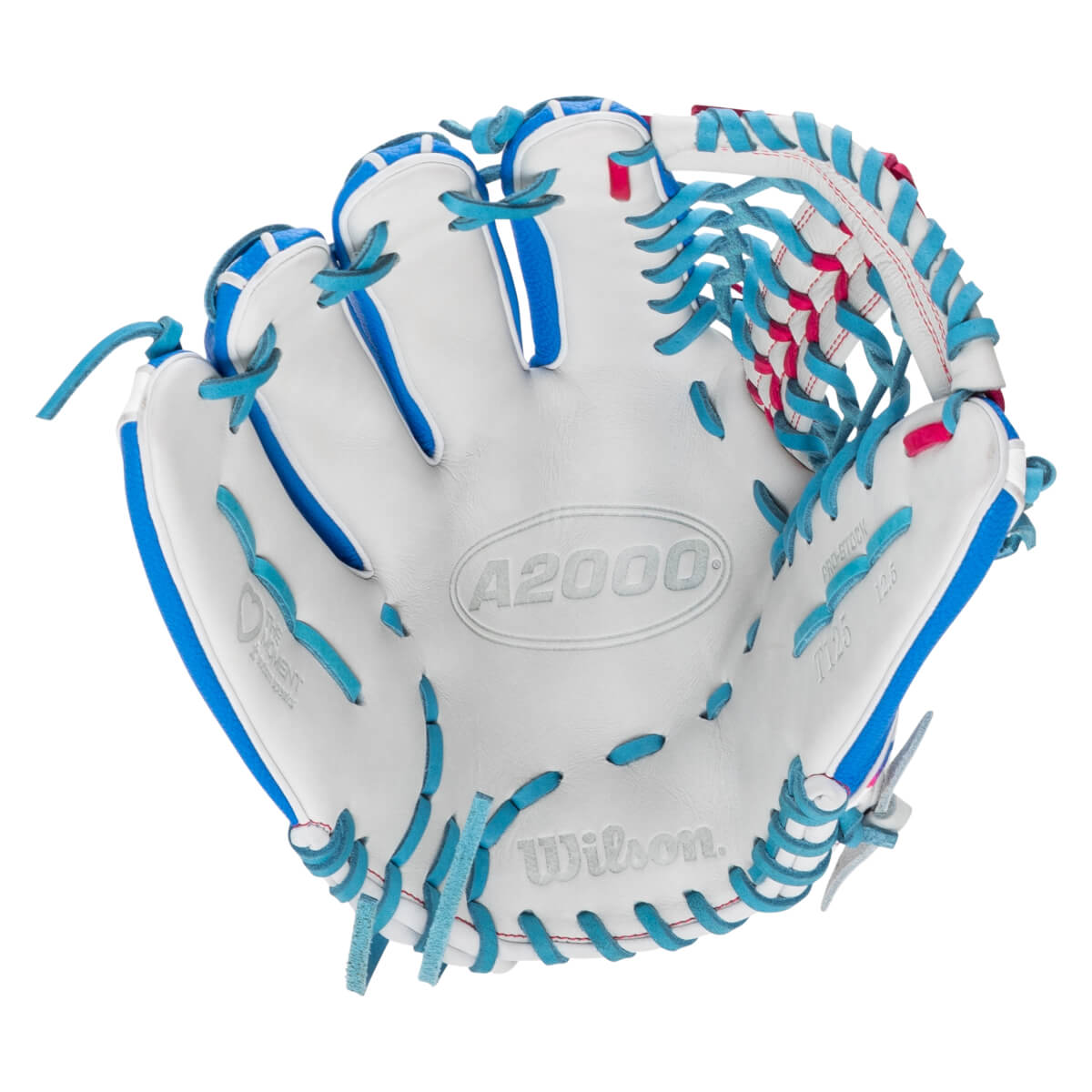 Palm view of a white softball glove with blue laces and pink accents, featuring "A2000" and "Wilson" text on the palm and "Love the Moment" on the thumb.