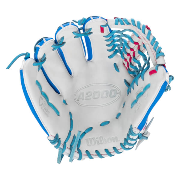 Palm view of a white softball glove with blue laces and pink accents, featuring "A2000" and "Wilson" text on the palm and "Love the Moment" on the thumb.