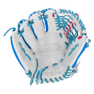 Palm view of a white softball glove with blue laces and pink accents, featuring "A2000" and "Wilson" text on the palm and "Love the Moment" on the thumb.