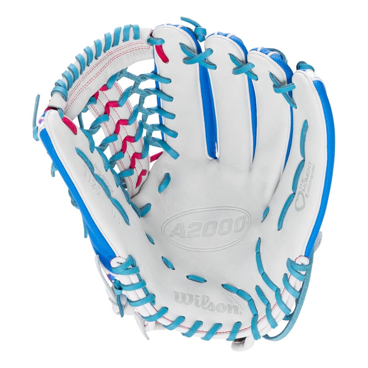 Front view of a white Wilson A2000 T125 softball glove with blue, teal, and pink accents, featuring A2000 and Wilson logos with Love the Moment and Autism Speaks branding.