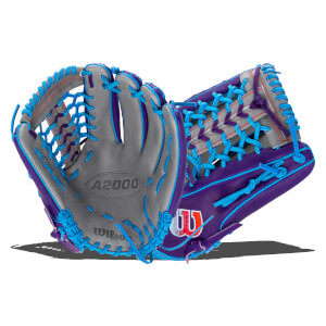 Front and back views of a purple and gray leather baseball glove with light blue laces, featuring the Wilson and A2000 logos.