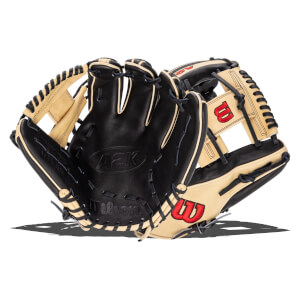 Top-down view of a black and tan Wilson A2K baseball glove with red "W" logo.