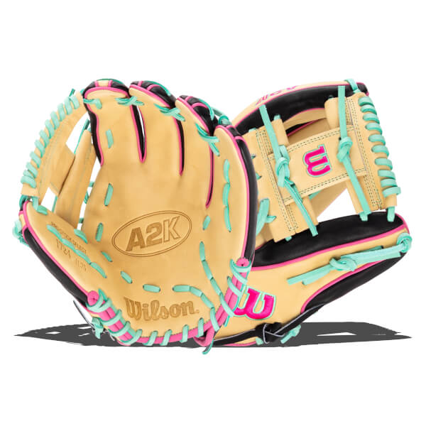 Front view of a tan baseball glove with teal and pink lacing, featuring "A2K" and "Wilson" logos.