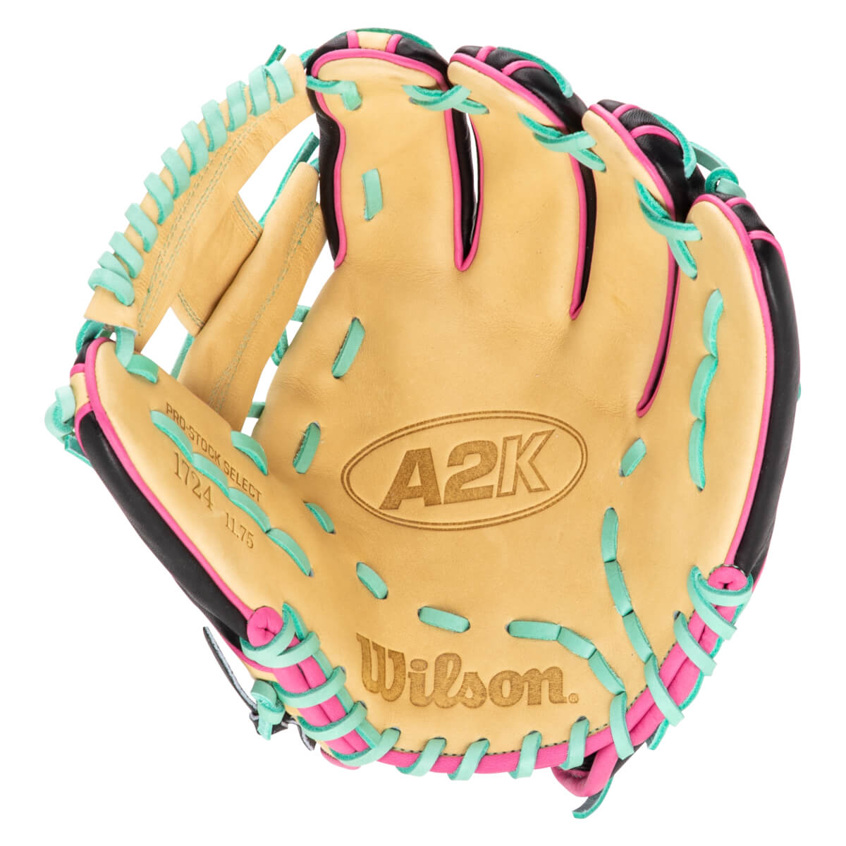 Top-down view of a tan baseball glove with pink and teal lacing, featuring "A2K" and "Wilson" logos.