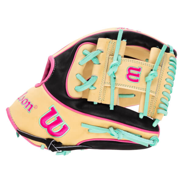 Front view of a tan baseball glove with hot pink "W" logo and teal lacing.