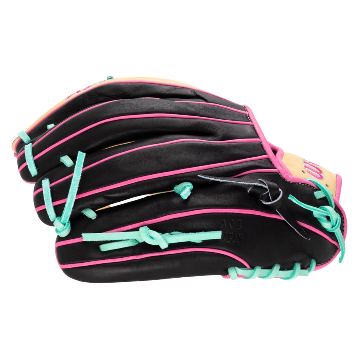 Side view of a black baseball glove with pink and teal lacing, showing "AJZ JAPAN" text.