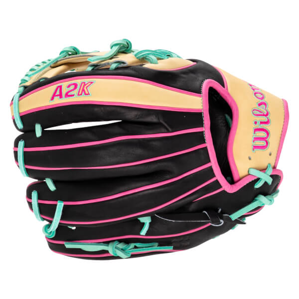 Front view of a black baseball glove with tan accents, pink piping, and teal lacing, featuring "A2K" and "Wilson" text.