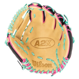 Top-down view of a tan baseball glove with teal and pink lacing, featuring "A2K" and "Wilson" logos.