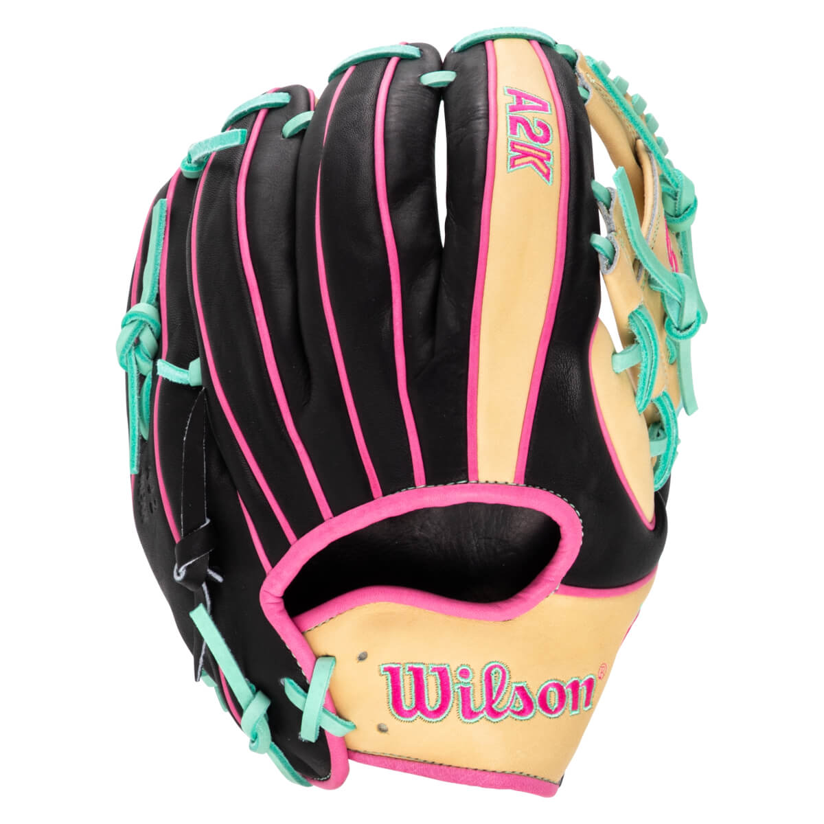 Front view of a black baseball glove with pink and teal accents, featuring "A2K" and "Wilson" branding.
