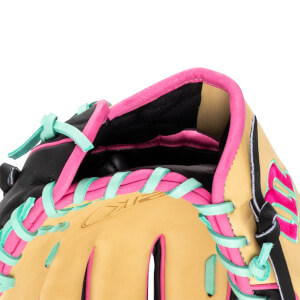 Close-up of a baseball glove's opening, showing tan leather, black interior, and pink and teal lacing.