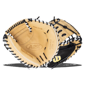 Front view of an open tan and black Wilson A2K baseball glove with "PRO-TOE" and "A2K" embossed.