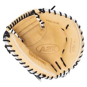 Top-down view of a tan baseball glove with black lacing, featuring "A2K" and "Wilson" logos.