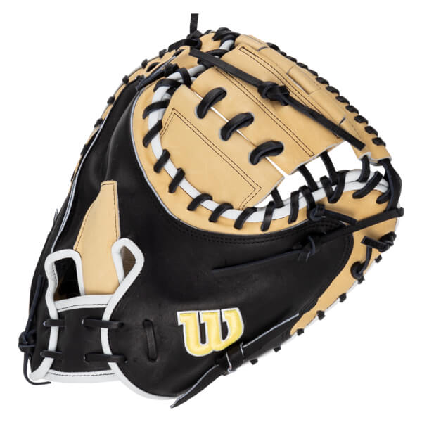 Front view of a black and tan baseball glove with white piping and a yellow "W" logo.