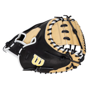 Side view of a black and tan baseball glove with white trim and a yellow "W" logo.