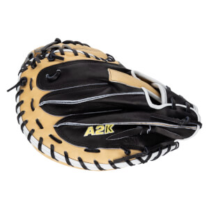 Top-down view of a black and tan baseball glove with "A2K" and "JAPAN" visible.