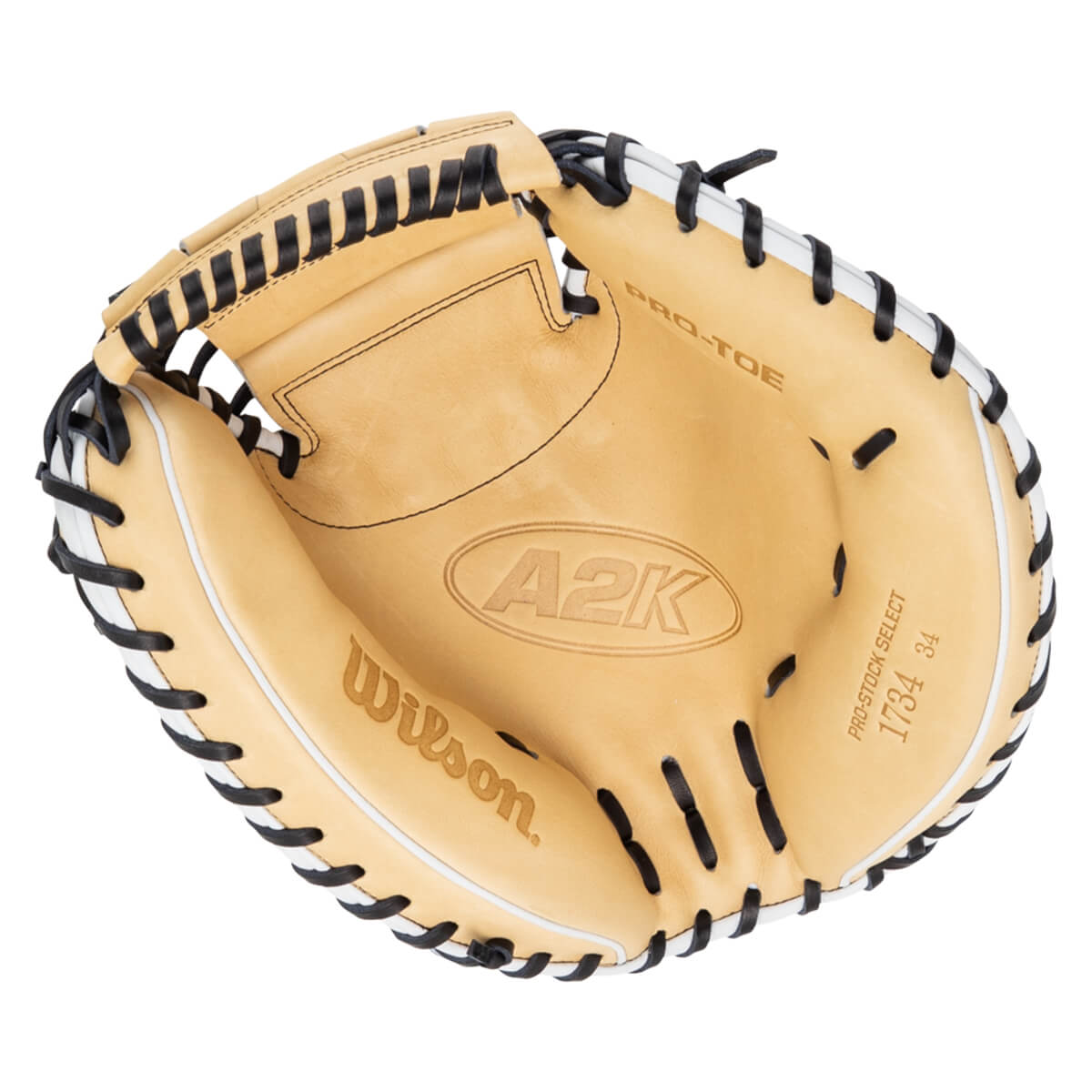 Top-down view of a tan baseball glove with black lacing, showing "A2K" and "Wilson" logos.
