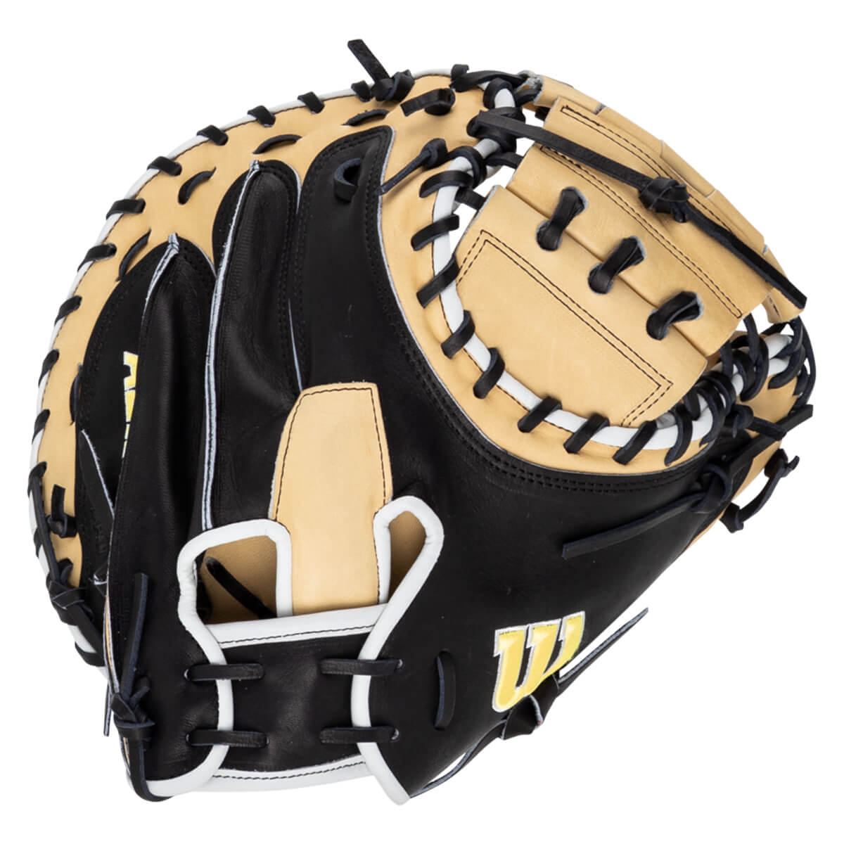 Side view of a black and tan baseball glove with white lacing and a yellow "W" logo.