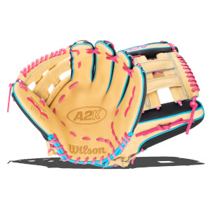 Front view of a tan Wilson A2K baseball glove with pink and teal lacing and "Wilson" and "A2K" logos.