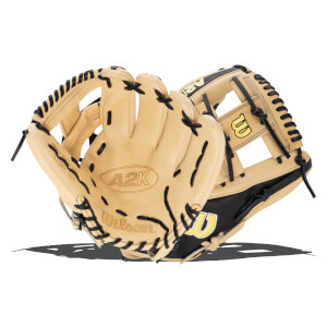 Front view of a tan Wilson A2K baseball glove with black lacing and a yellow "W" logo.