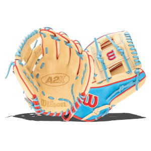 Front view of a tan baseball glove with red and blue lacing, featuring "A2K" and "Wilson" logos.