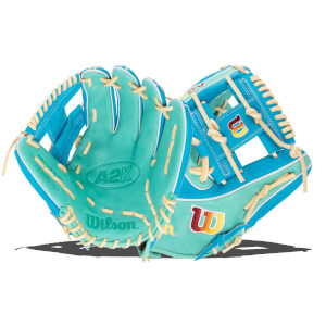 Angled view of a teal and blue baseball glove with tan lacing, A2K logo, and Wilson branding on the palm.