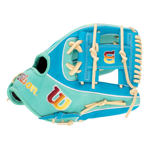 Angled front view of a teal and mint baseball glove with gradient Wilson logos and tan lacing.