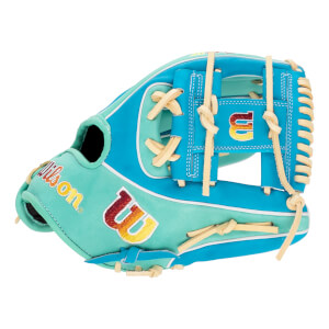 Angled front view of a teal and mint baseball glove with gradient Wilson logos and tan lacing.