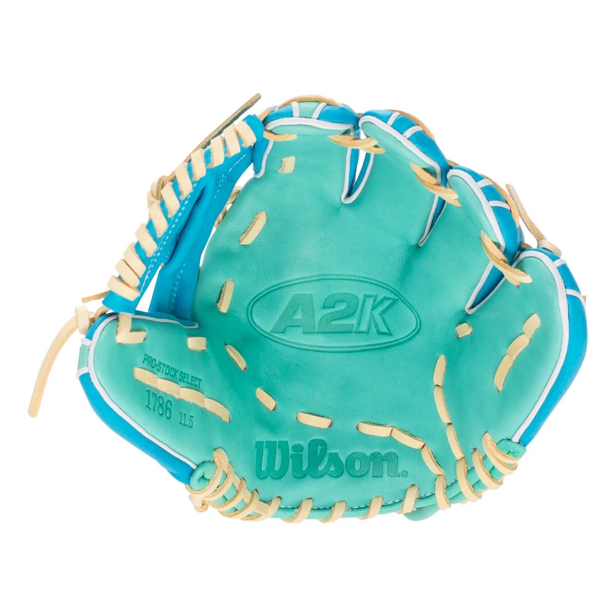 Front view of a teal baseball glove with A2K, Wilson, and 1786 11.5 branding, tan lacing, and light blue accents.