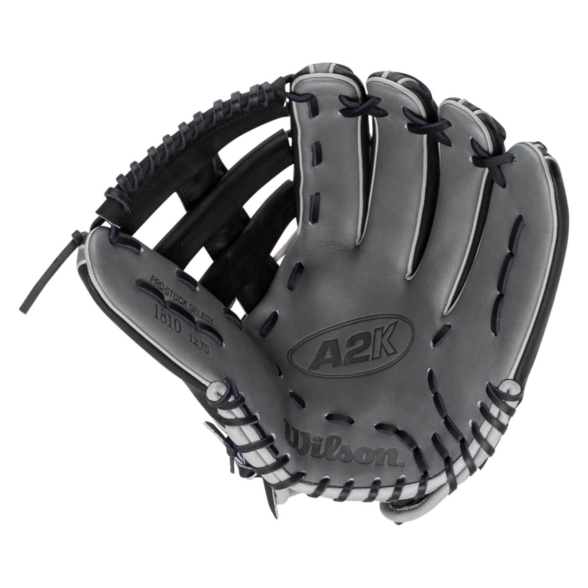 Side view of a gray Wilson A2K baseball glove with black lacing and "PRO-STOCK SELECT 1810 12.75" text.