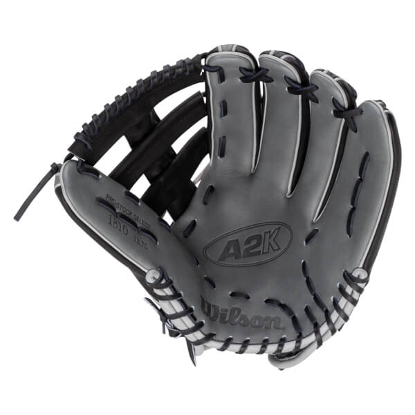 Side view of a gray Wilson A2K baseball glove with black lacing and "PRO-STOCK SELECT 1810 12.75" text.