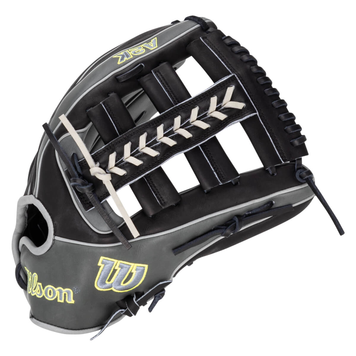 Front view of a black and gray Wilson A2K baseball glove with white lacing and yellow "Wilson" logo.