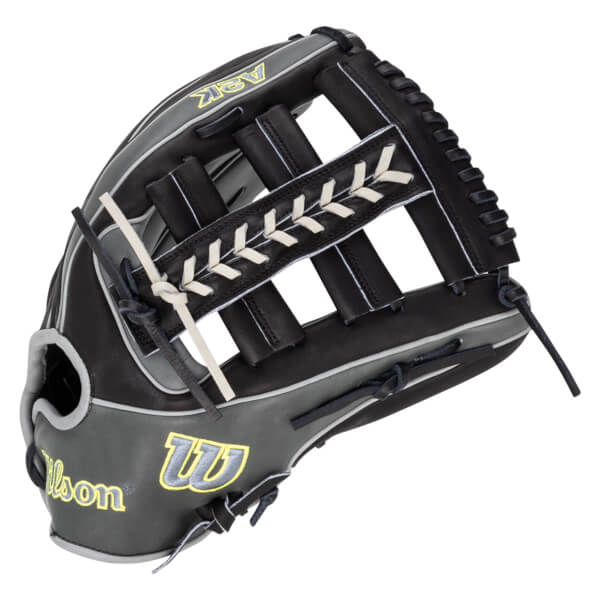 Front view of a black and gray Wilson A2K baseball glove with white lacing and yellow "Wilson" logo.