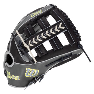 Front view of a black and gray Wilson A2K baseball glove with white lacing and yellow "Wilson" logo.