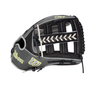 Side view of a black and grey baseball glove with yellow "Wilson" logo and "A2K" text.