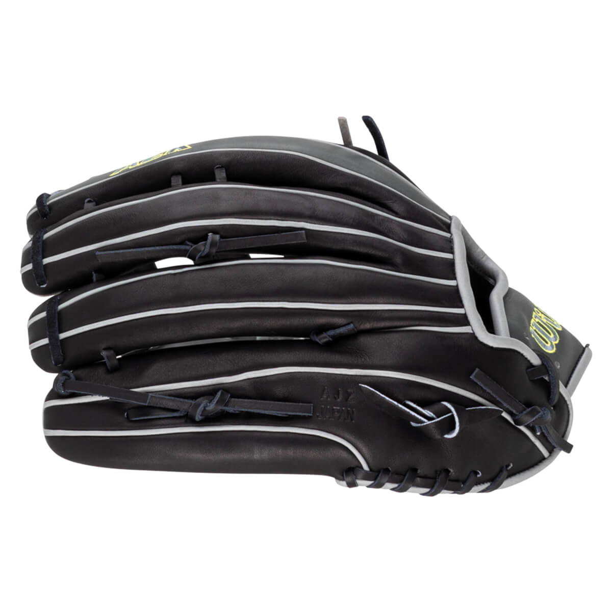 Side view of a black baseball glove with white stitching and "AJZ JAPAN" embossed on the palm.