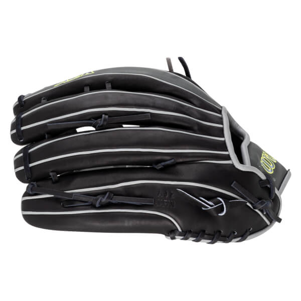 Side view of a black baseball glove with white stitching and "AJZ JAPAN" embossed on the palm.