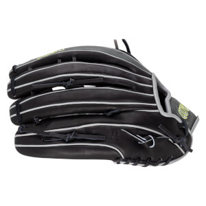 Side view of a black baseball glove with white stitching and "AJZ JAPAN" embossed on the palm.