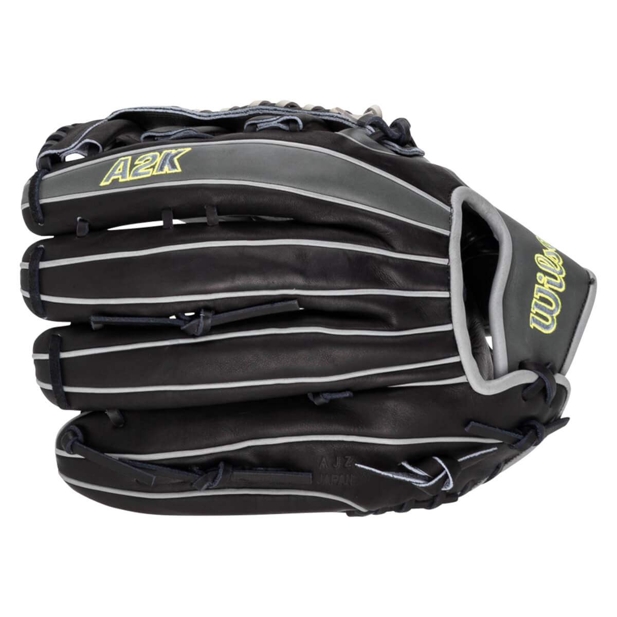 Front view of a black Wilson A2K baseball glove with yellow "A2K" and "Wilson" lettering and white stitching.