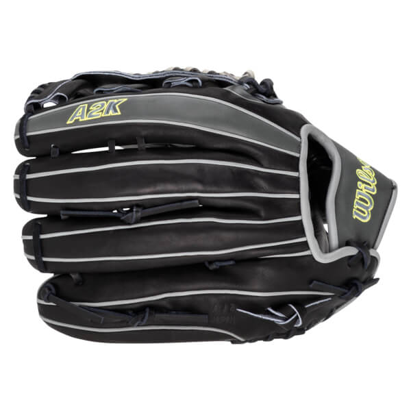 Front view of a black Wilson A2K baseball glove with yellow "A2K" and "Wilson" lettering and white stitching.