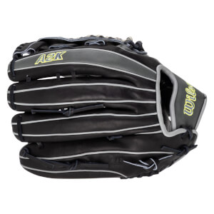 Front view of a black Wilson A2K baseball glove with yellow "A2K" and "Wilson" lettering and white stitching.