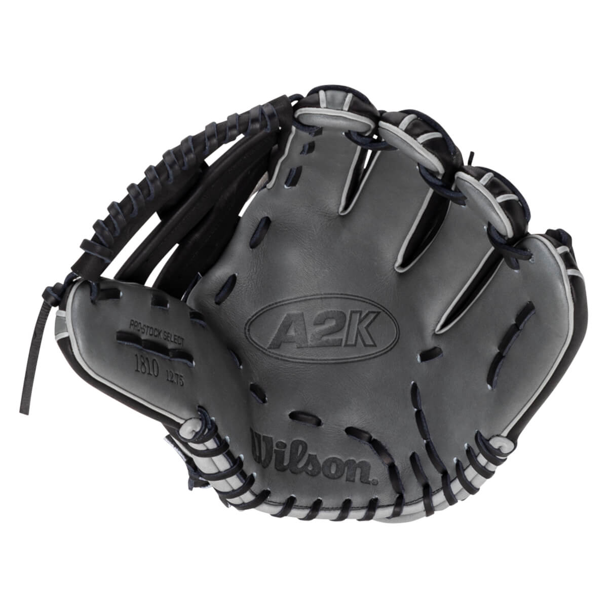 Top-down view of a grey Wilson A2K baseball glove with black lacing and white trim, showing "PRO-STOCK SELECT 1810 12.75".