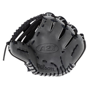 Top-down view of a grey Wilson A2K baseball glove with black lacing and white trim, showing "PRO-STOCK SELECT 1810 12.75".