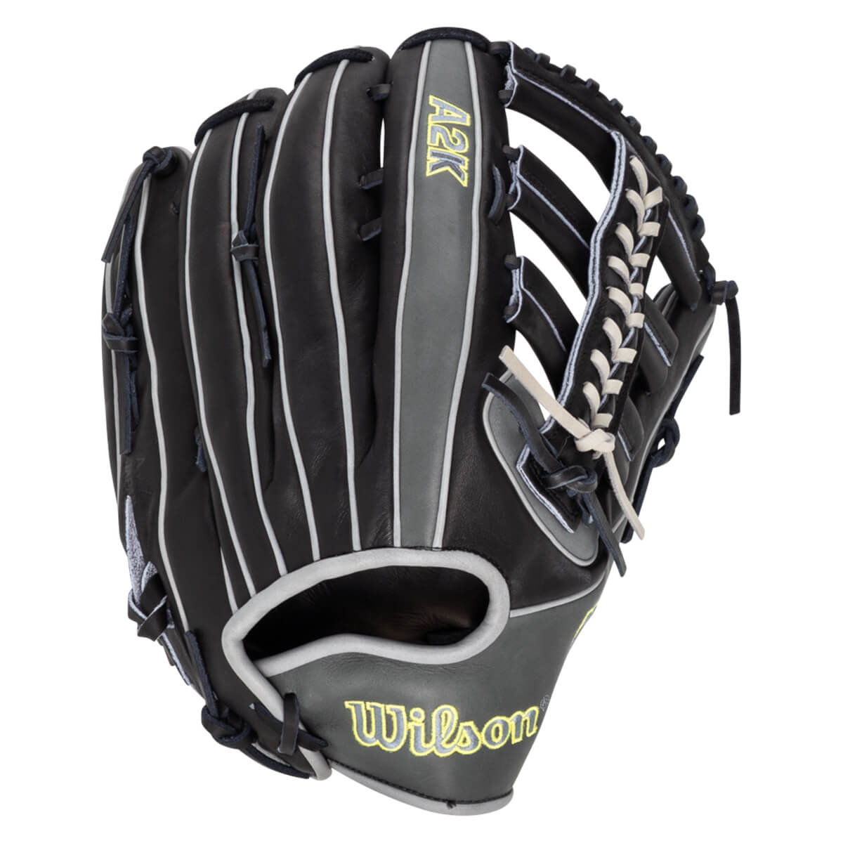 Front view of a black baseball glove with grey accents, white stitching, and "A2K" and "Wilson" logos.