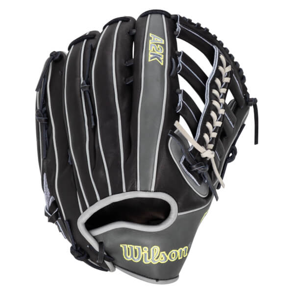 Front view of a black baseball glove with grey accents, white stitching, and "A2K" and "Wilson" logos.