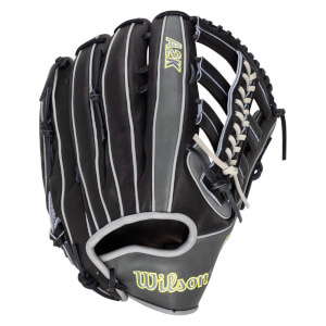 Front view of a black baseball glove with grey accents, white stitching, and "A2K" and "Wilson" logos.
