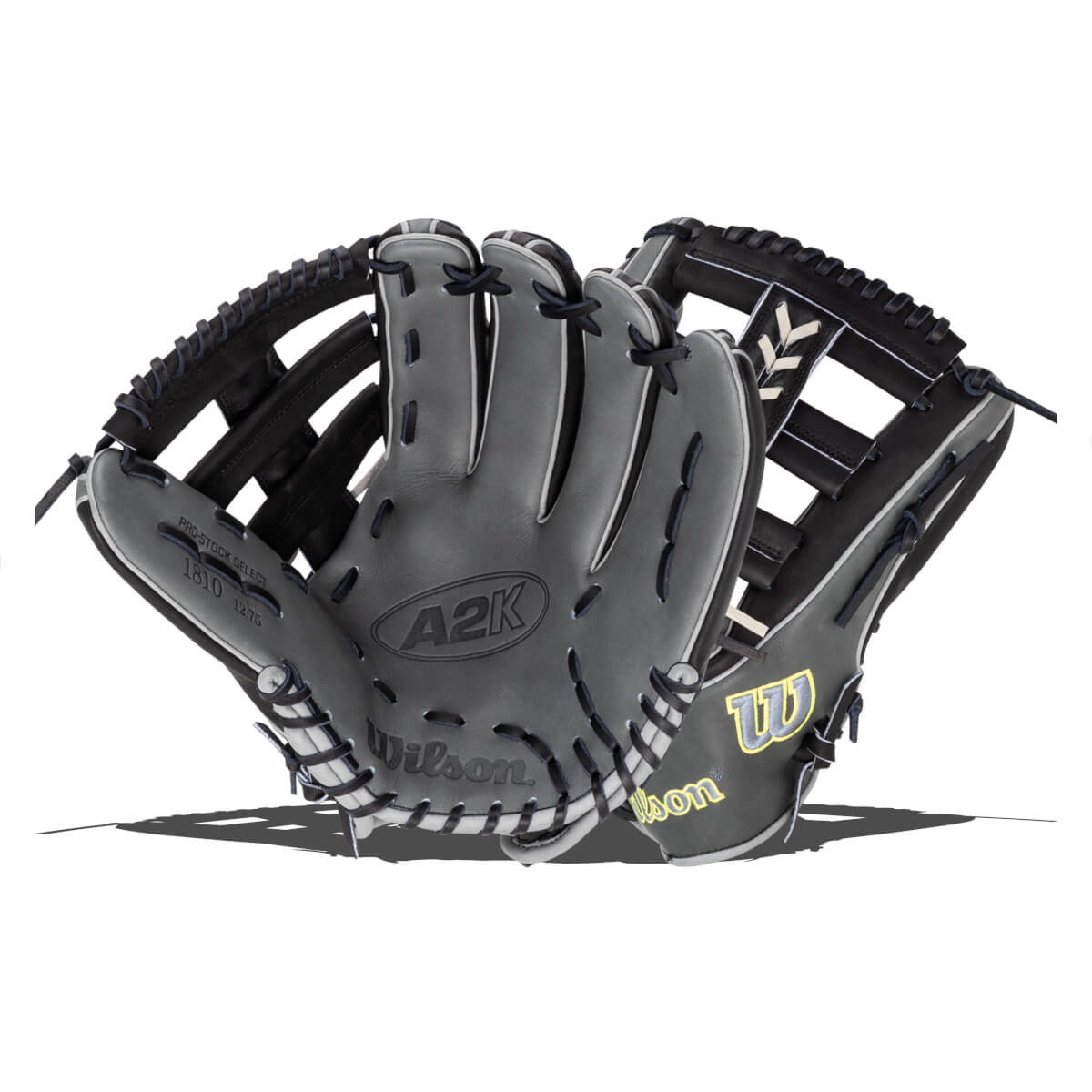 Front view of a gray Wilson A2K baseball glove with black lacing and a yellow "W" logo.