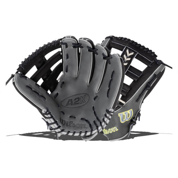 Front view of a gray Wilson A2K baseball glove with black lacing and a yellow "W" logo.