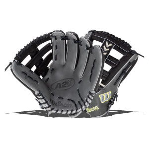 Front view of a gray Wilson A2K baseball glove with black lacing and a yellow "W" logo.