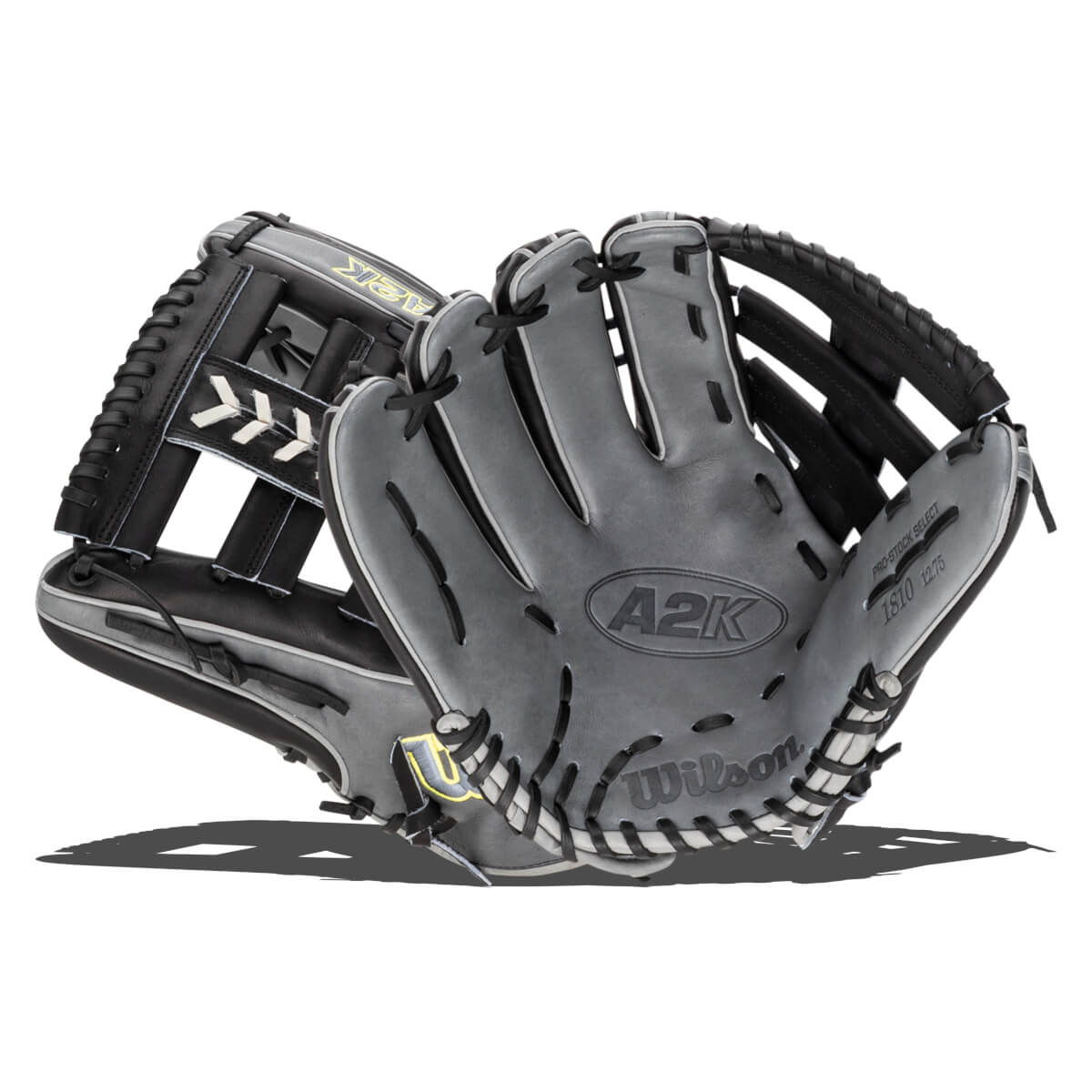 Front view of a gray Wilson A2K baseball glove with black lacing and "PRO-STOCK SELECT 1810 12.75" text.